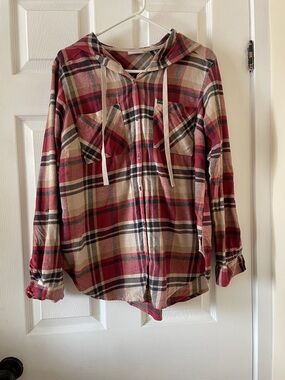 Columbia red plaid flannel shirt hoodie camping hiking gardening